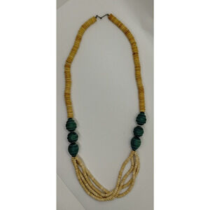 Vintage Tan and Turquoise Wood Look - Beaded Necklace - 14"